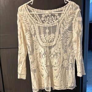 Saint Tropez West Cream Lace Embroidered White Top - size medium